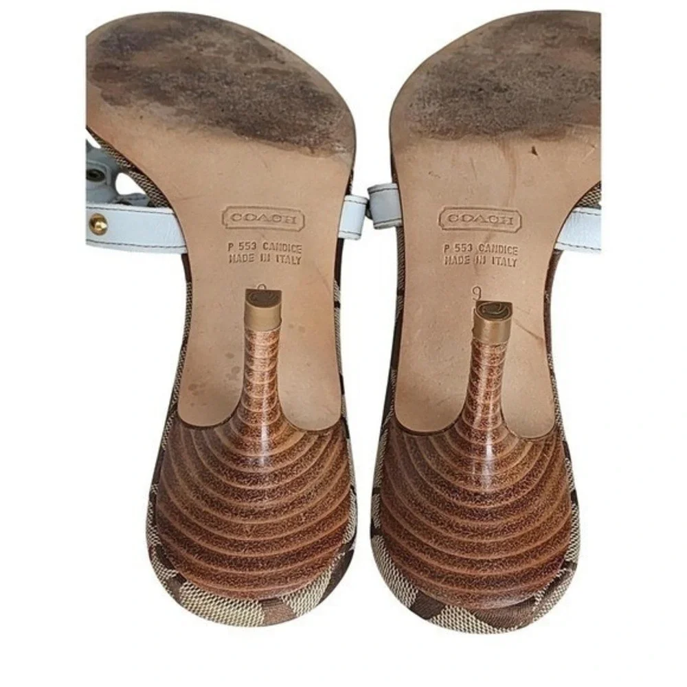 Coach Candice Khaki White Monogram Studded Kitten Heel Sandals P553 Size 9